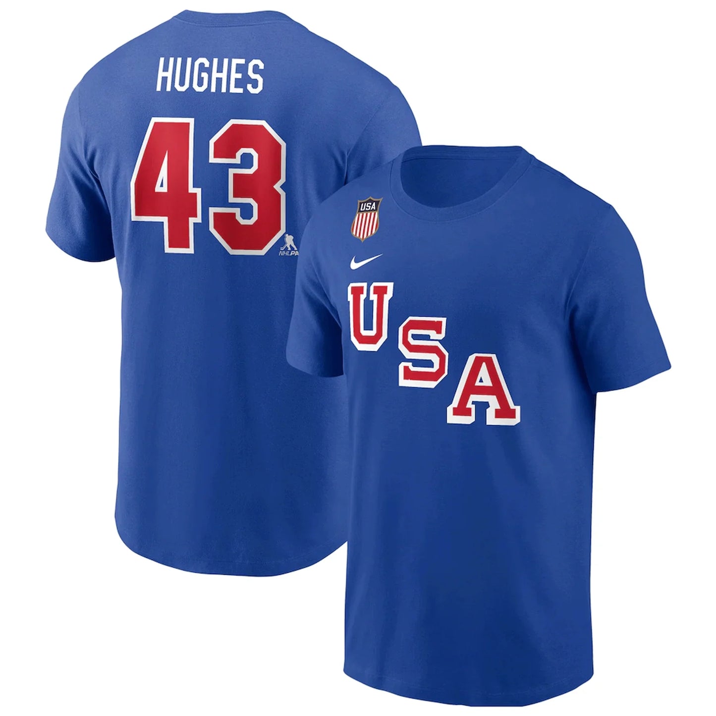 Men's Nike Quinn Hughes Royal USA Hockey 2026 Name & Number T-Shirt